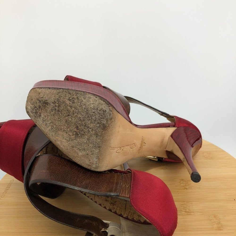 Oscar De La Renta Red Satin Brown patent leather buckle Platform Stilettos 37 - Picture 9 of 14